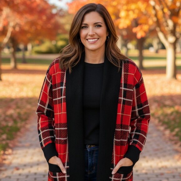 NWT Charter Club Red Plaid Cardigan Sweater XL Women’s Shawl Collar Cozy Holiday - Picture 1 of 15